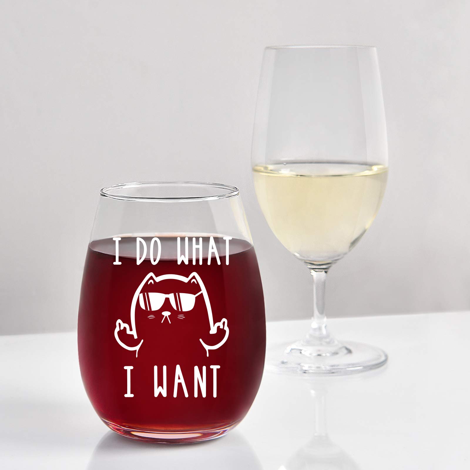 I Do What I Want Funny Wine Glass, Cat Stemless Wine Glass - Cat Lover Gifts for Women, Men, Cat Dad, Cat Mom, Cat Lover, Friends - Gift Idea for Christmas, Birthday