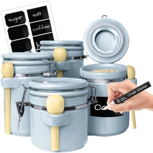 home intuition 4-piece ceramic kitchen canisters set, airtight containers with wooden spoons reusable chalk labels and marker for sugar, coffee, flour, tea (mint)