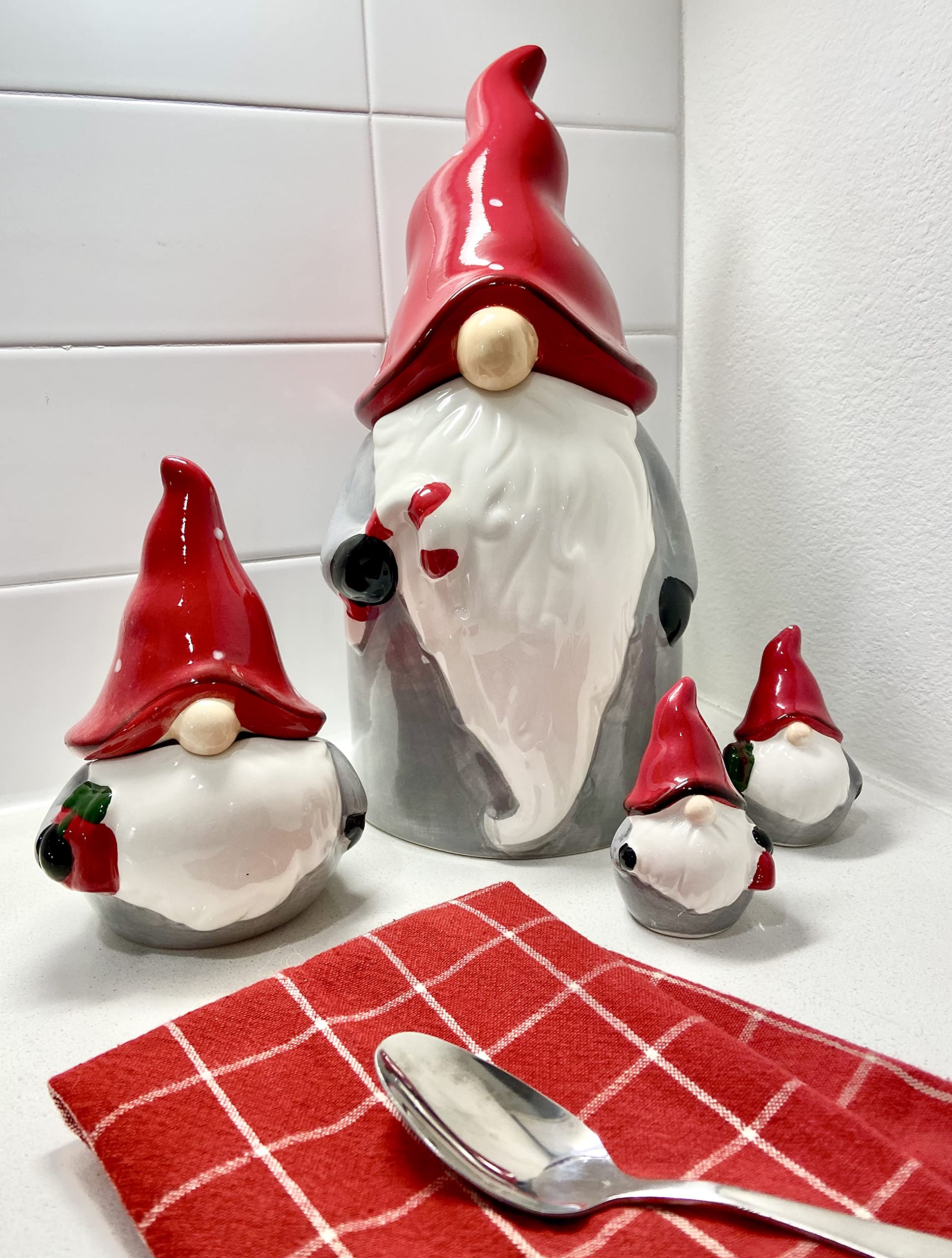 10 Strawberry Street Nordic Gnome Set Cookie Jar, 4 Piece, Gray/Red