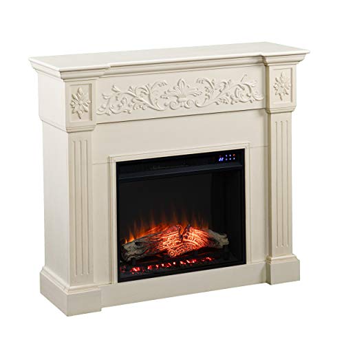 SEI Furniture Calvert Electric Fireplace with Carved Floral Trim, New Ivory