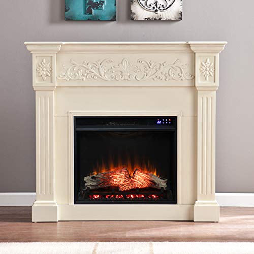 SEI Furniture Calvert Electric Fireplace with Carved Floral Trim, New Ivory