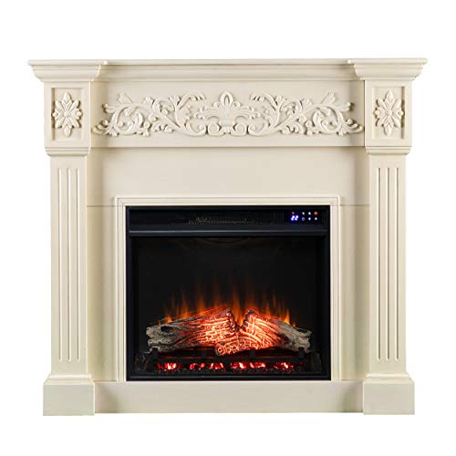SEI Furniture Calvert Electric Fireplace with Carved Floral Trim, New Ivory