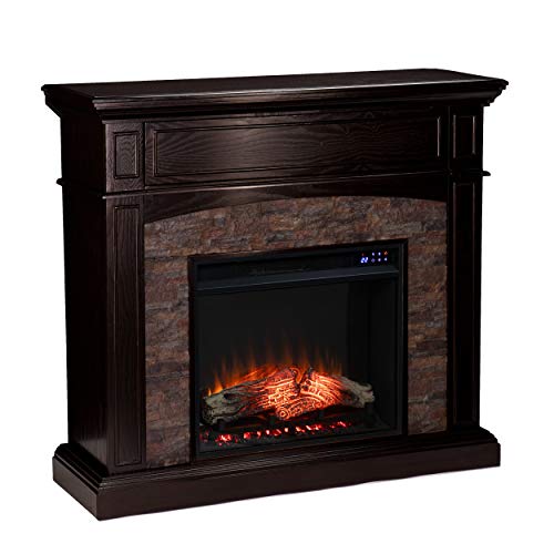 SEI Furniture Grantham Faux Stone Corner Electric Fireplace with Hidden Media Shelf, New Ebony