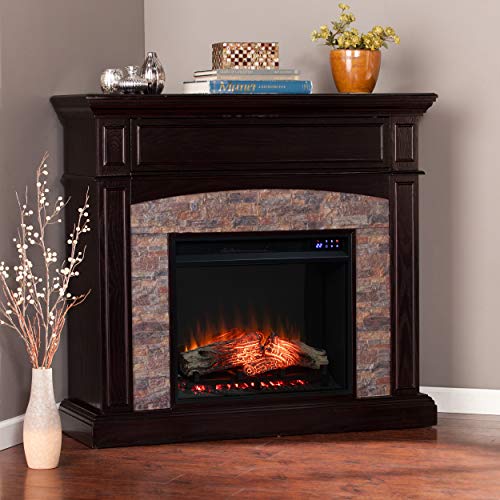 SEI Furniture Grantham Faux Stone Corner Electric Fireplace with Hidden Media Shelf, New Ebony