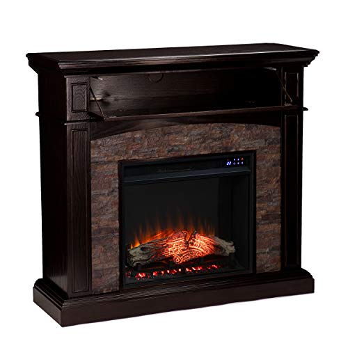 SEI Furniture Grantham Faux Stone Corner Electric Fireplace with Hidden Media Shelf, New Ebony