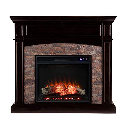 SEI Furniture Grantham Faux Stone Corner Electric Fireplace with Hidden Media Shelf, New Ebony