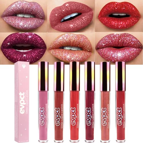 evpct 6Pcs Matte to Glitter Liquid Lipstick Long Lasting Lip Set Kit,6 Color Diamond Dark Red Pink Purple Mauve Glitter Sparkly Glossy Metallic Shimmer Sparkle Waterproof Lipstick Lip Gloss for Women