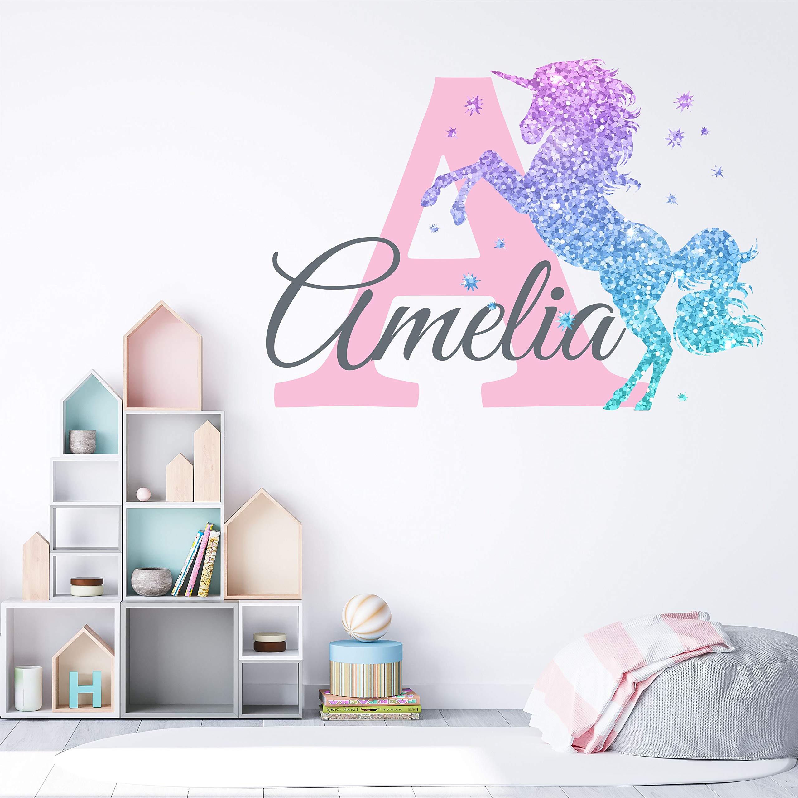 Girls Nursery Glitter Shimmer Sparkle Printed Unicorn Name and Initial Personalized Custom Name Vinyl Wall Decal, Wall Decor Sticker (X-Large)