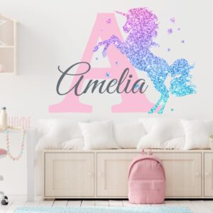 Girls Nursery Glitter Shimmer Sparkle Printed Unicorn Name and Initial Personalized Custom Name Vinyl Wall Decal, Wall Decor Sticker (X-Large)
