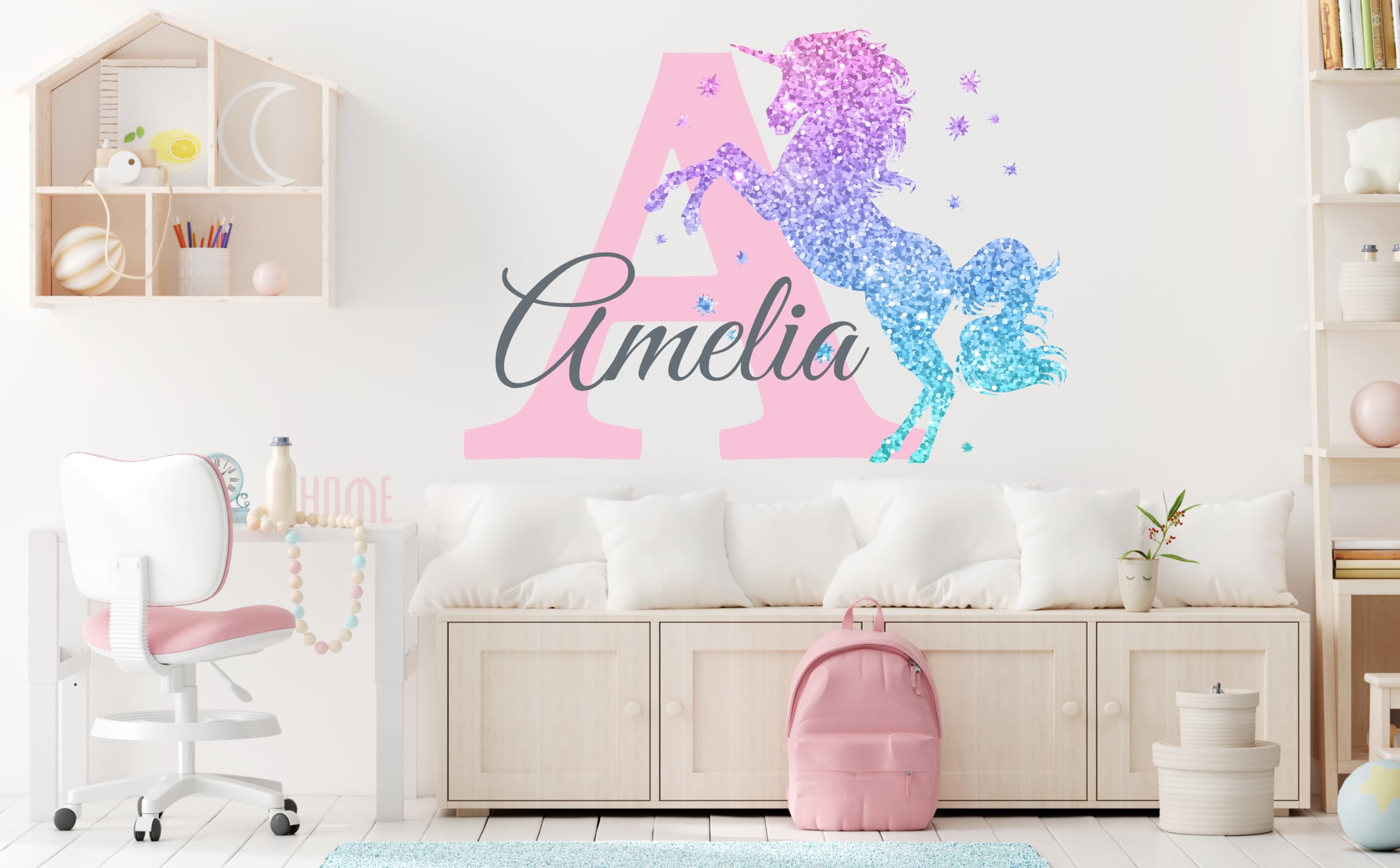 Girls Nursery Glitter Shimmer Sparkle Printed Unicorn Name and Initial Personalized Custom Name Vinyl Wall Decal, Wall Decor Sticker (X-Large)