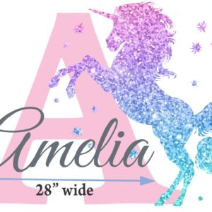 Girls Nursery Glitter Shimmer Sparkle Printed Unicorn Name and Initial Personalized Custom Name Vinyl Wall Decal, Wall Decor Sticker (X-Large)