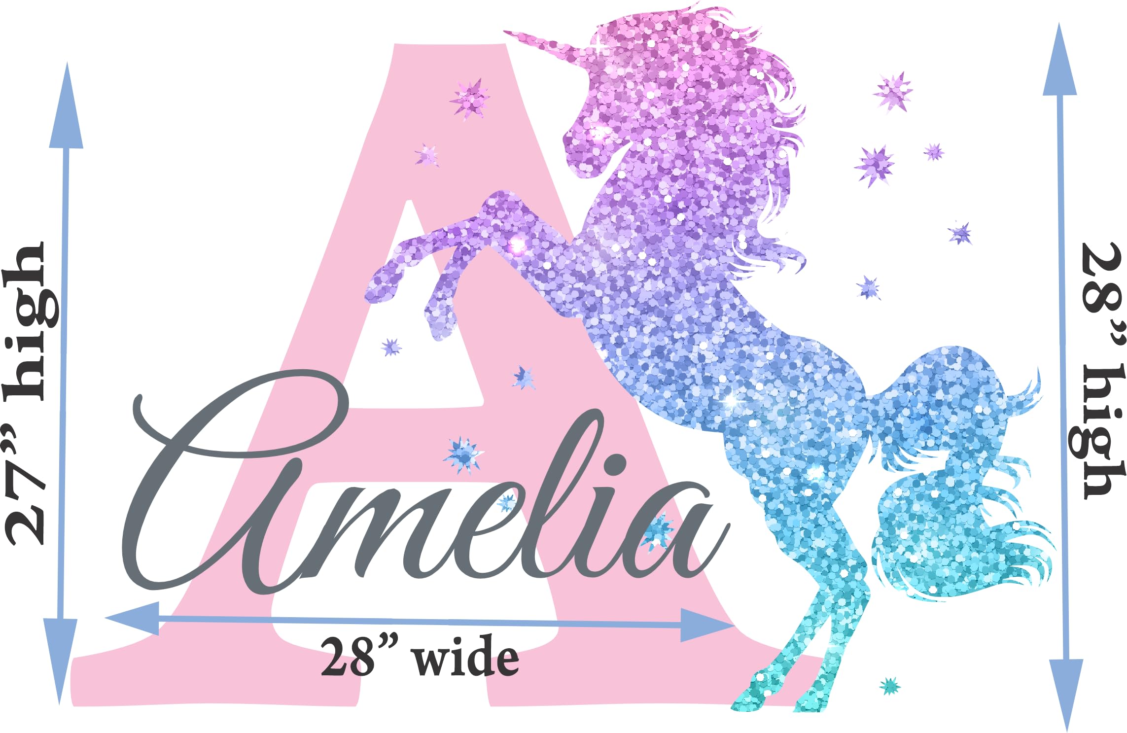 Girls Nursery Glitter Shimmer Sparkle Printed Unicorn Name and Initial Personalized Custom Name Vinyl Wall Decal, Wall Decor Sticker (X-Large)