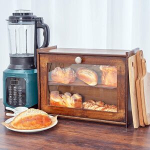 Worthyeah Bamboo Bread Box for Kitchen Countertop, Wooden Bread Storage Box with Transparent Window, 2-Layer Large Capacity Bread Storage, Kitchen Bread Holder, Self Assembly