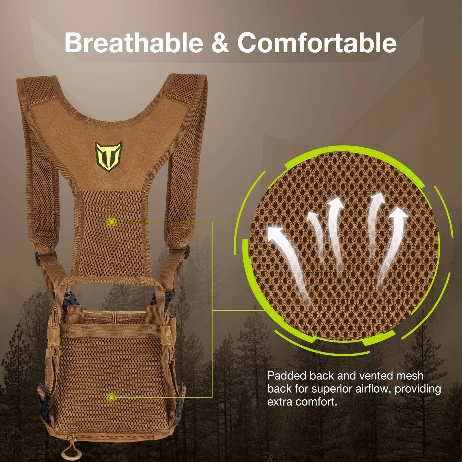 TIDEWE Bino Harness with Rangefinder Pouch & Rain Cover, Durable Lightweight Portable Binocular Pack, Comfortable Small Bino Chest Harness for Hunting, Hiking (Brown)