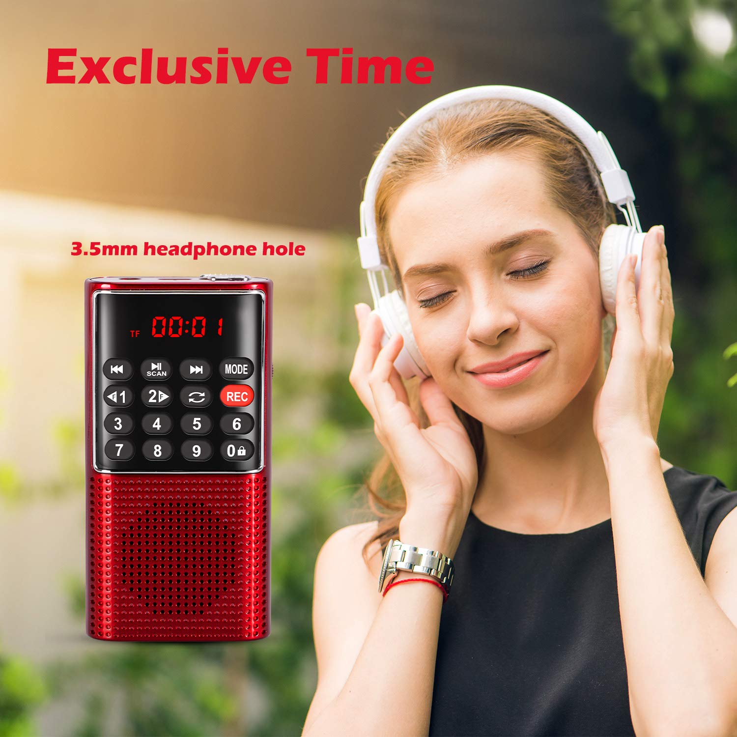 PRUNUS J-328 Mini Portable Pocket FM Radio MP3 Walkman Radio with Recorder, Lock Key, SD Card Player, Rechargeable Battery Operated(NO AM) Red