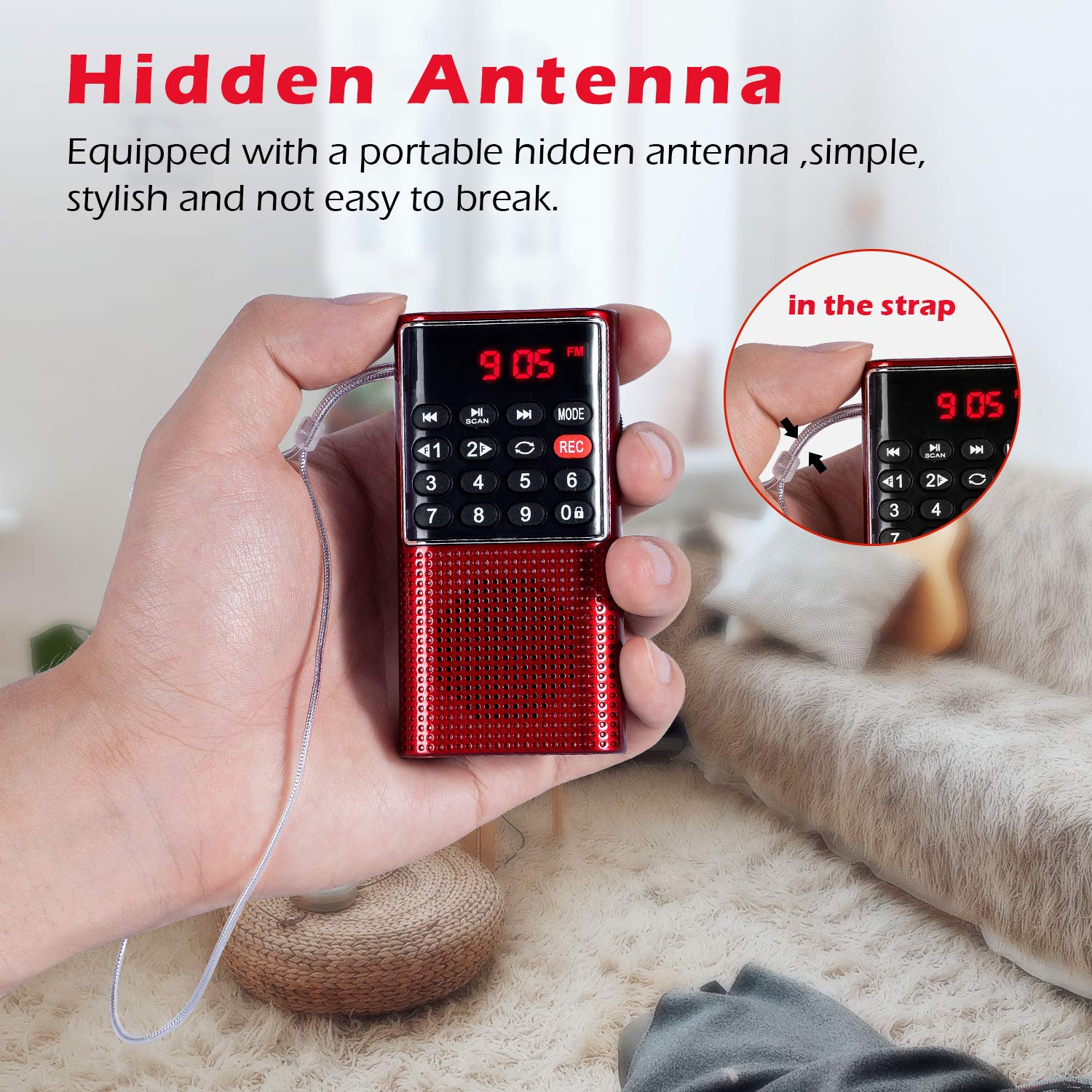 PRUNUS J-328 Mini Portable Pocket FM Radio MP3 Walkman Radio with Recorder, Lock Key, SD Card Player, Rechargeable Battery Operated(NO AM) Red