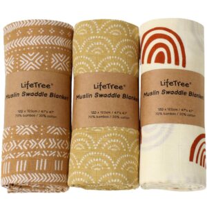 lifetree muslin swaddle blankets newborn - 3 pack soft baby swaddle blankets neutral for boys & girls - baby receiving blankets, large 47 x 47 inches