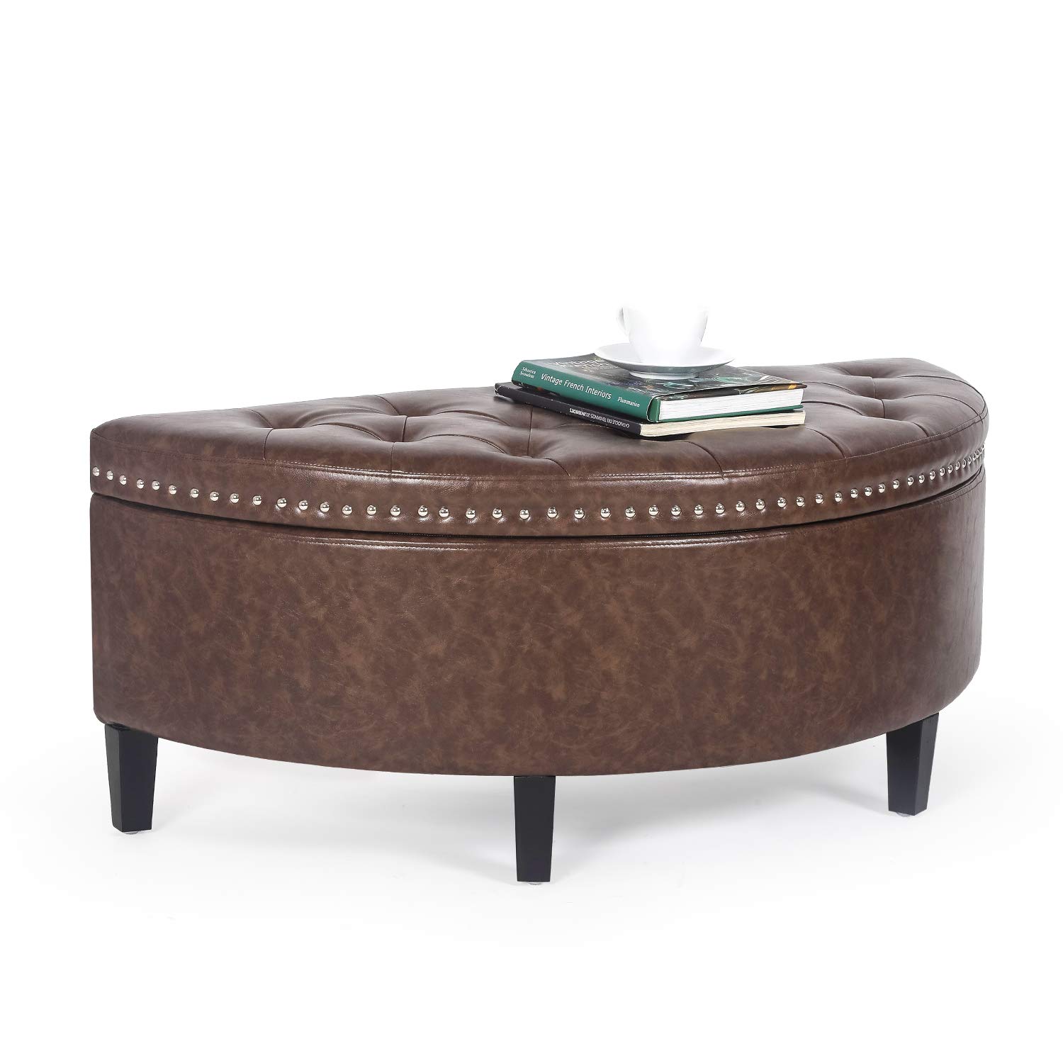 Homebeez 43.5" Half Moon Storage Ottoman Bench, Lift Top Faux Leather Storage Ottoman Bench for Bedroom Living Room (Light Brown)