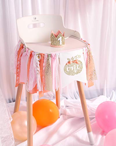 WAOUH Pumpkin Banner for 1st Birthday - Highchair Banner for First Birthday Theme Decoration, Cake Smash Photo Prop, Pumpkin crown hat, Fabric Rag Garland Banner.