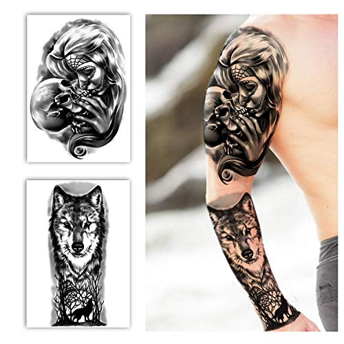 Full Arm Temporary Tattoos 8 Sheets and Half Arm Shoulder Waterproof Tattoos 8 Sheets, Extra Large Tattoo Stickers for Men and Women (22.83"X7.1")