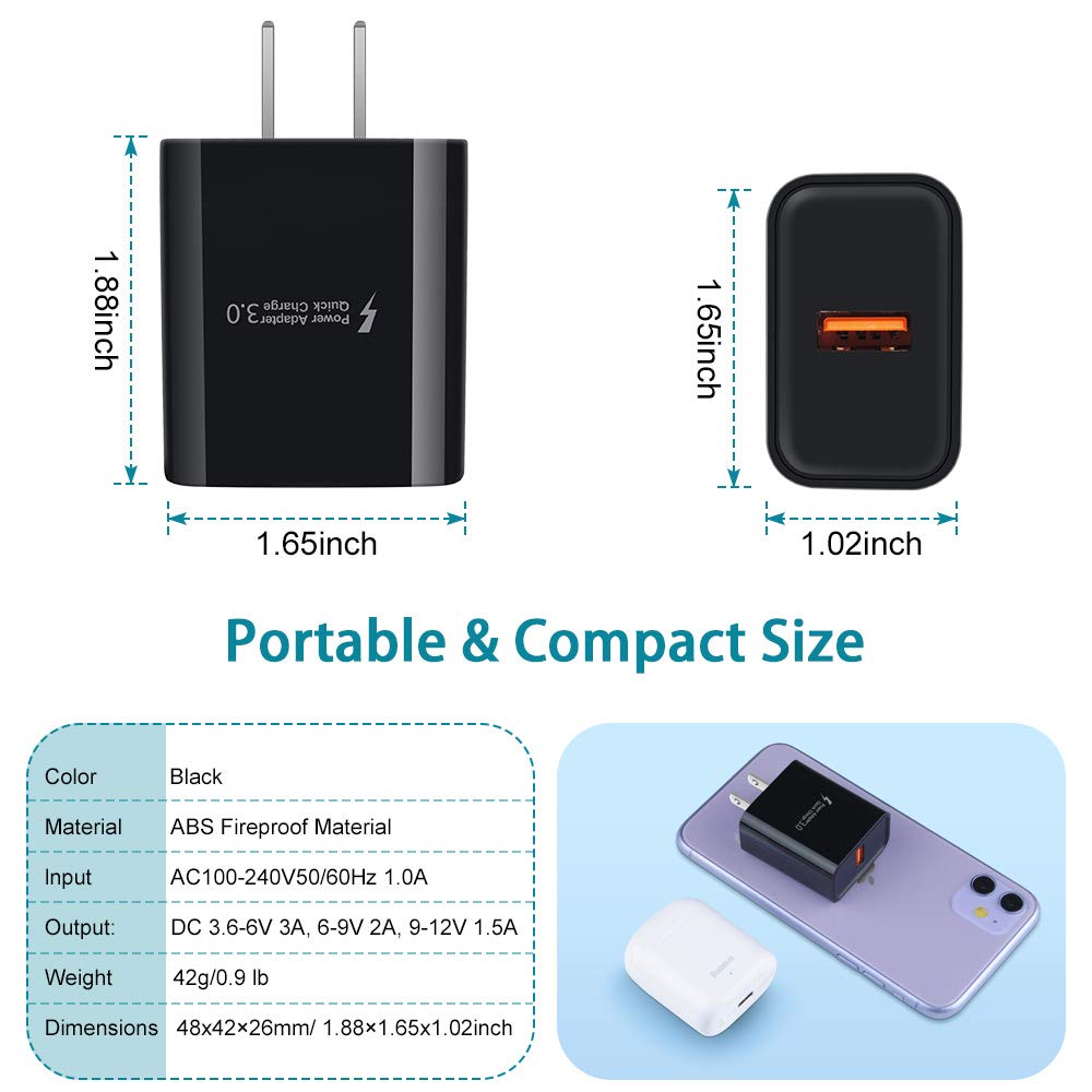 Quick Charge 3.0 Fast Charging Block for Samsung Galaxy S24 S23 S22 S21 A51 S20 A11 A13 5G A53 A20 A21 S10e A10e Note 20 A32 A12,Moto G Pure Power Stylus G9 G7 G8 Plus Play,Wall Charger Type C Cable