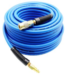 yotoo hybrid air hose 1/4in. x 100 ft, 300 psi heavy duty air compressor hose, lightweight, kink resistant, all-weather flexibility with 1/4-inch industrial air fittings and bend restrictors, blue