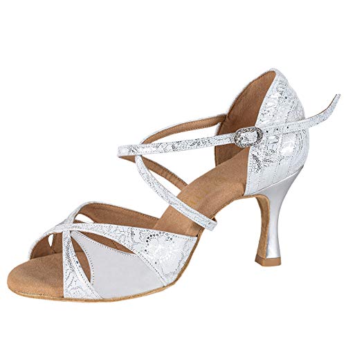 Rummos Womens Dance Shoes Elite Paloma 084/009 - Leather White/Silver - Regular Fitting - 2.25" 60R Flare Heel - Size: EUR 38,5