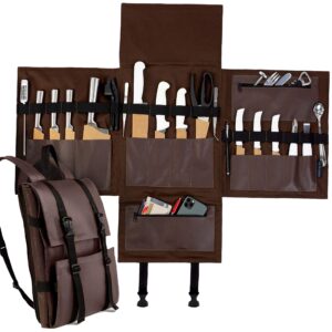 under ny sky knife bag - brown real leather - 13 knife slots, 2 zipped pockets for kitchen utensils, large pocket for tablets & notebooks - expandable - tool storage bag style for chefs, cooks, bbq