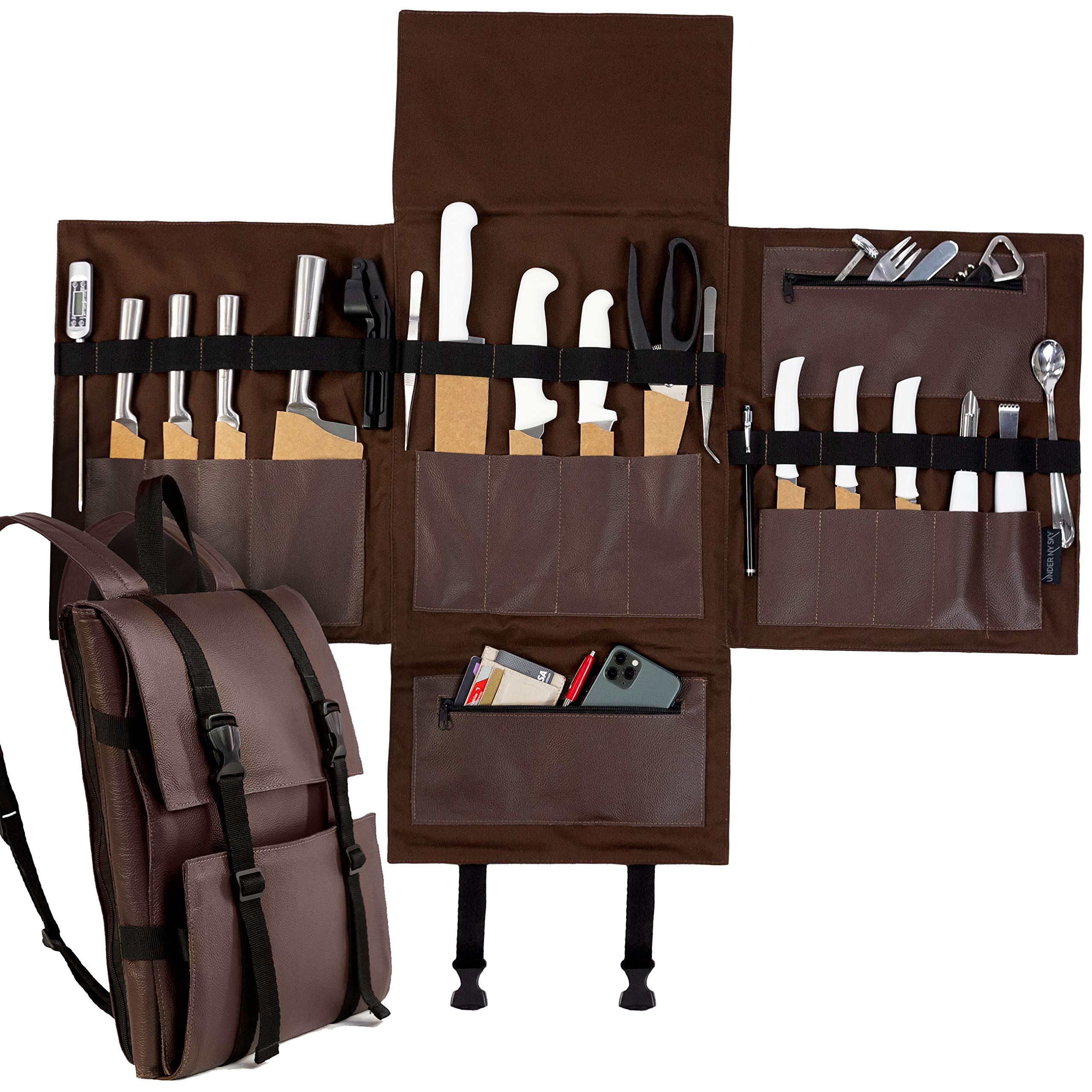 Under NY Sky Knife Bag - Brown Real Leather - 13 Knife Slots, 2 Zipped Pockets for Kitchen Utensils, Large Pocket for Tablets & Notebooks - Expandable - Tool Storage Bag Style for Chefs, Cooks, BBQ