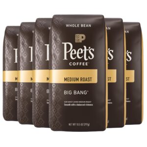 peet's coffee, medium roast whole bean coffee - big bang 63 ounces (6 bags of 10.5 ounces)