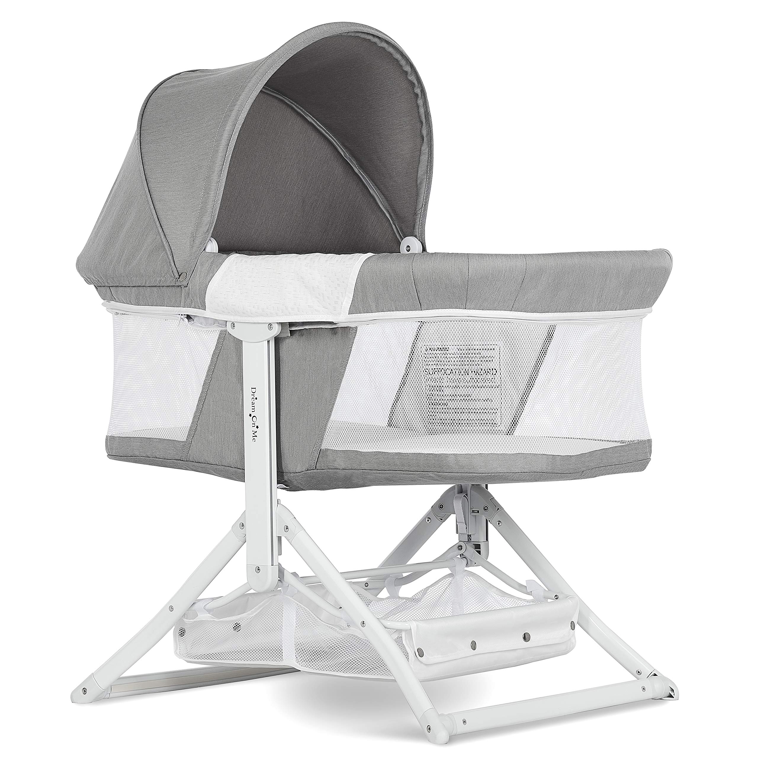 Dream On Me 2-in-1 Convertible Insta Fold Bassinet and Cradle in Light Gray, Lightweight, Portable and Easy to Fold Baby Bassinet, Adjustable Canopy, Breathable Mesh Sides, JPMA Certified