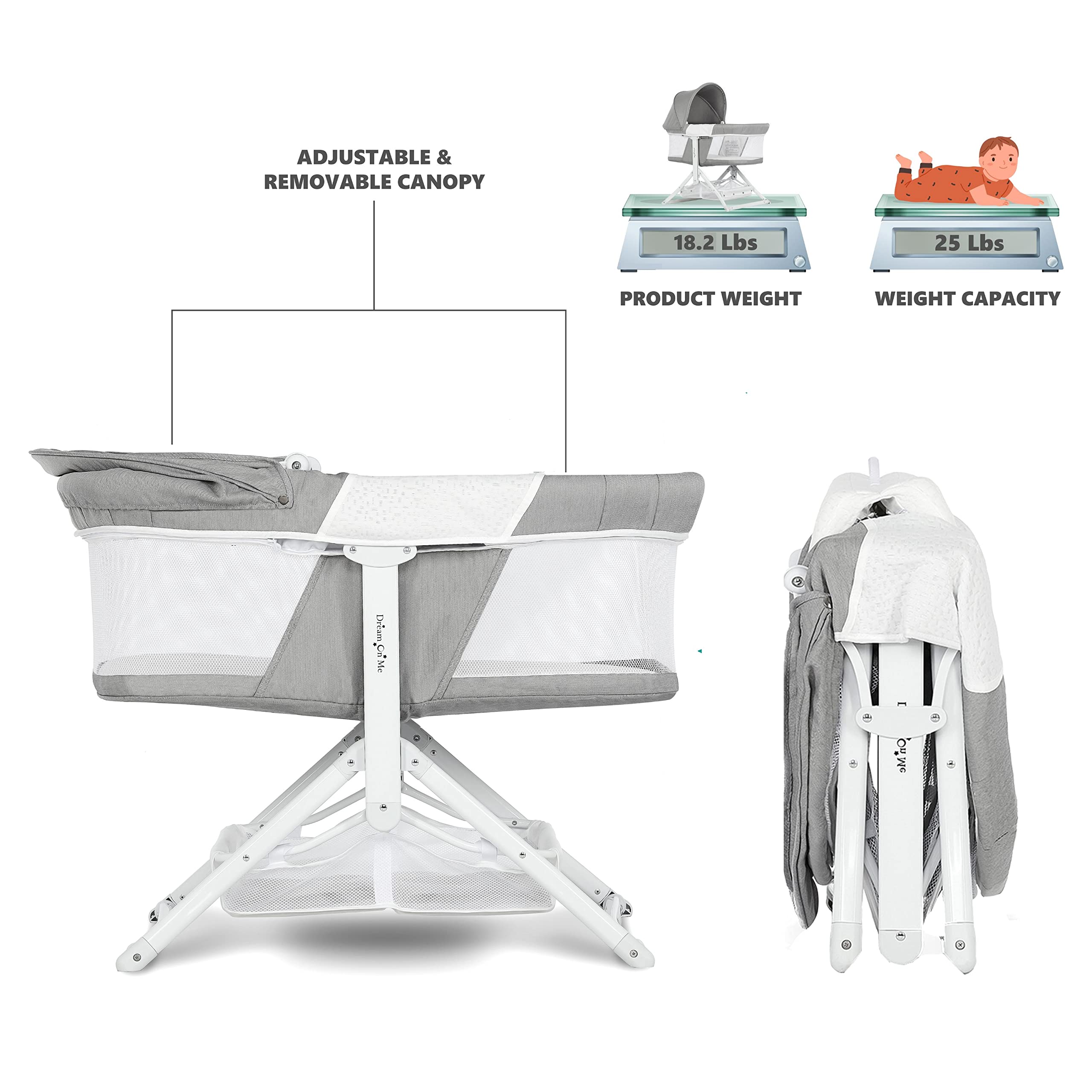 Dream On Me 2-in-1 Convertible Insta Fold Bassinet and Cradle in Light Gray, Lightweight, Portable and Easy to Fold Baby Bassinet, Adjustable Canopy, Breathable Mesh Sides, JPMA Certified