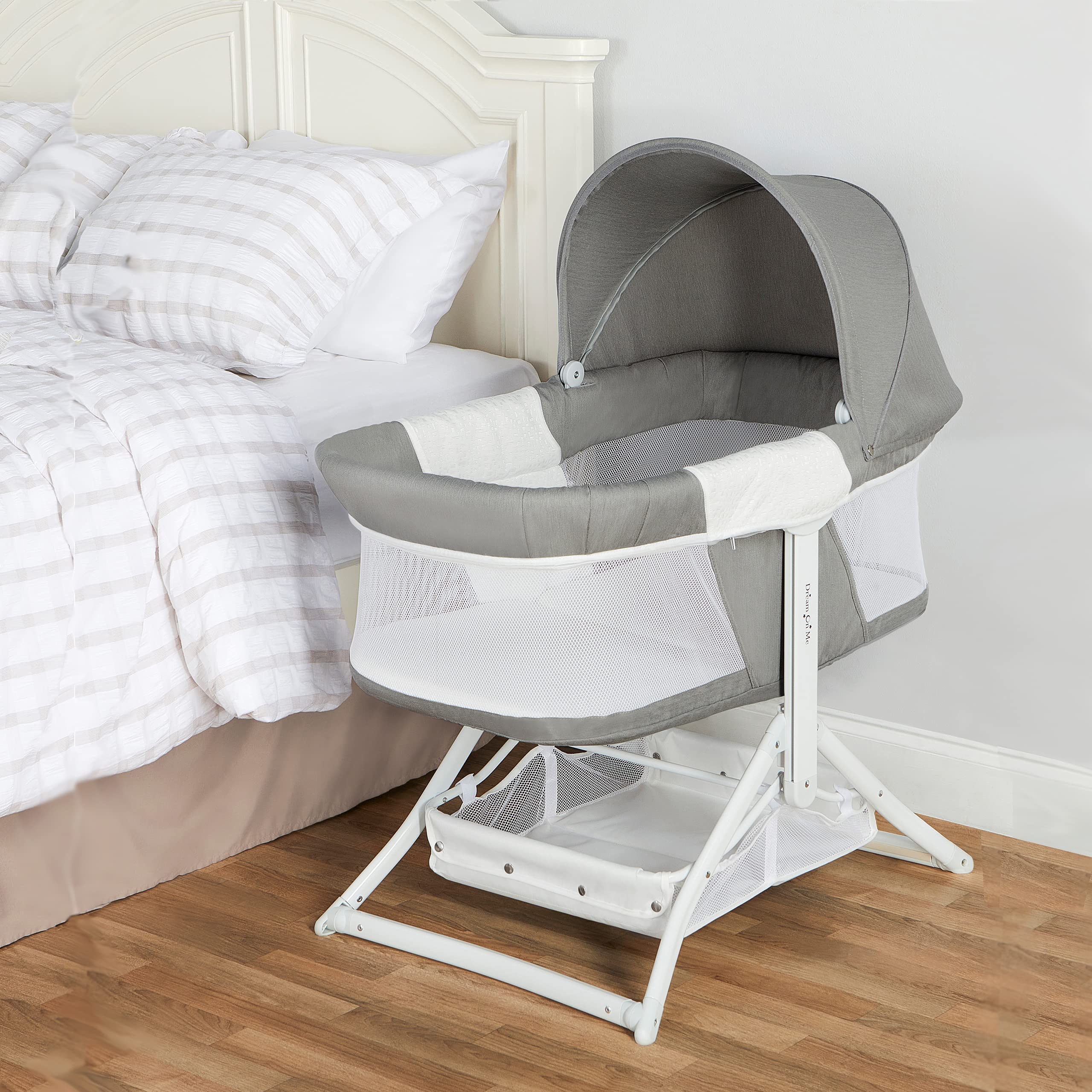 Dream On Me 2-in-1 Convertible Insta Fold Bassinet and Cradle in Light Gray, Lightweight, Portable and Easy to Fold Baby Bassinet, Adjustable Canopy, Breathable Mesh Sides, JPMA Certified