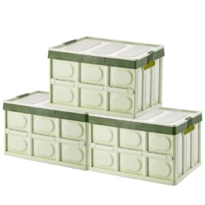 Phyllia Foldable Storage Boxes with Lids, 3 Pack Collapsible Plastic Storage Bins Organizer Containers Baskets Cub with Cover,Stackable Utility Crates Storage Box (Green, 30L)