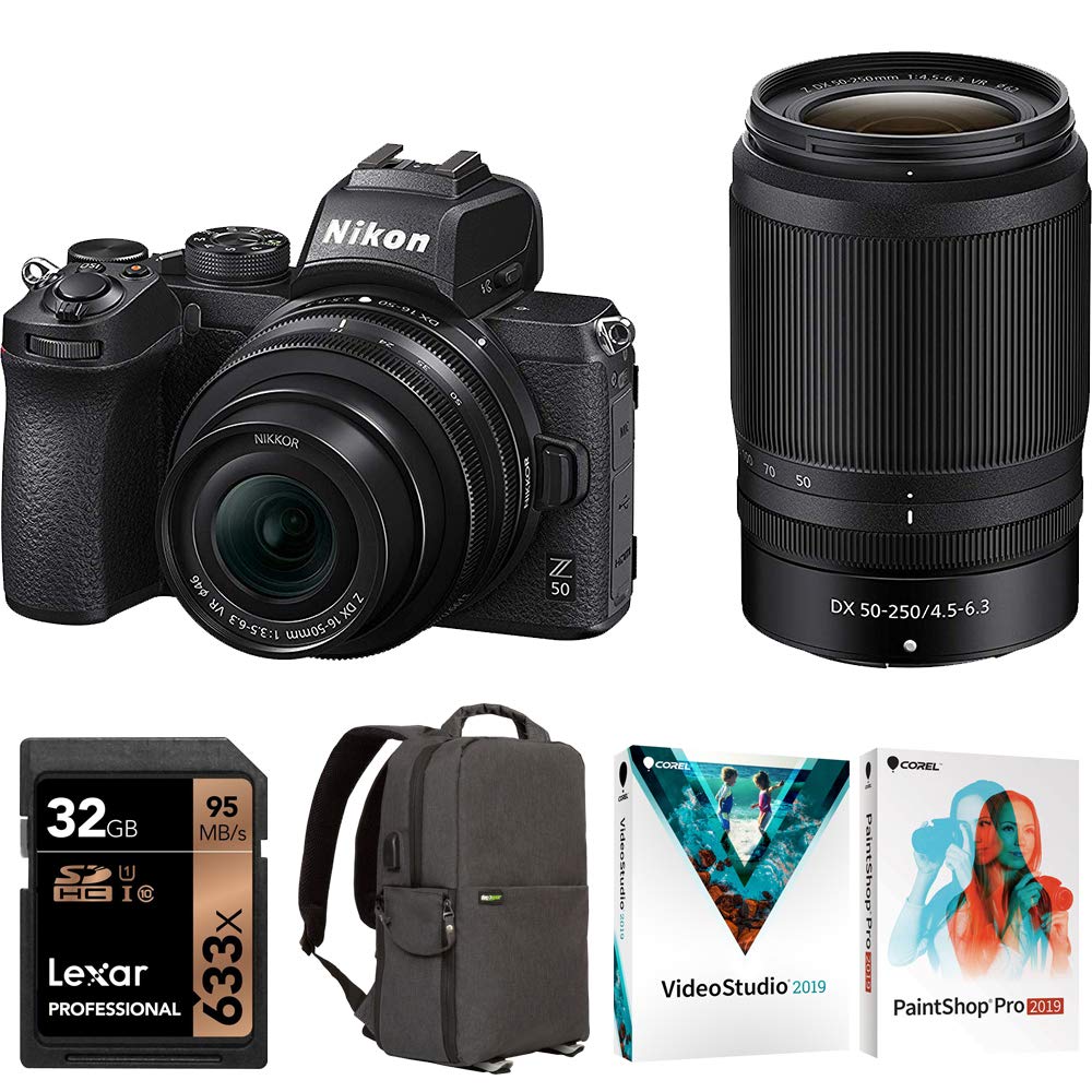 Nikon Z50 DX Mirrorless Camera w/NIKKOR Z DX 16-50mm & 50-250mm VR Lens - (Renewed) Bundle with 32GB SDHC UHS-1 Class 10 Memory Card, Photo and Video Backpack, Photo Video Suite PaintShop Pro