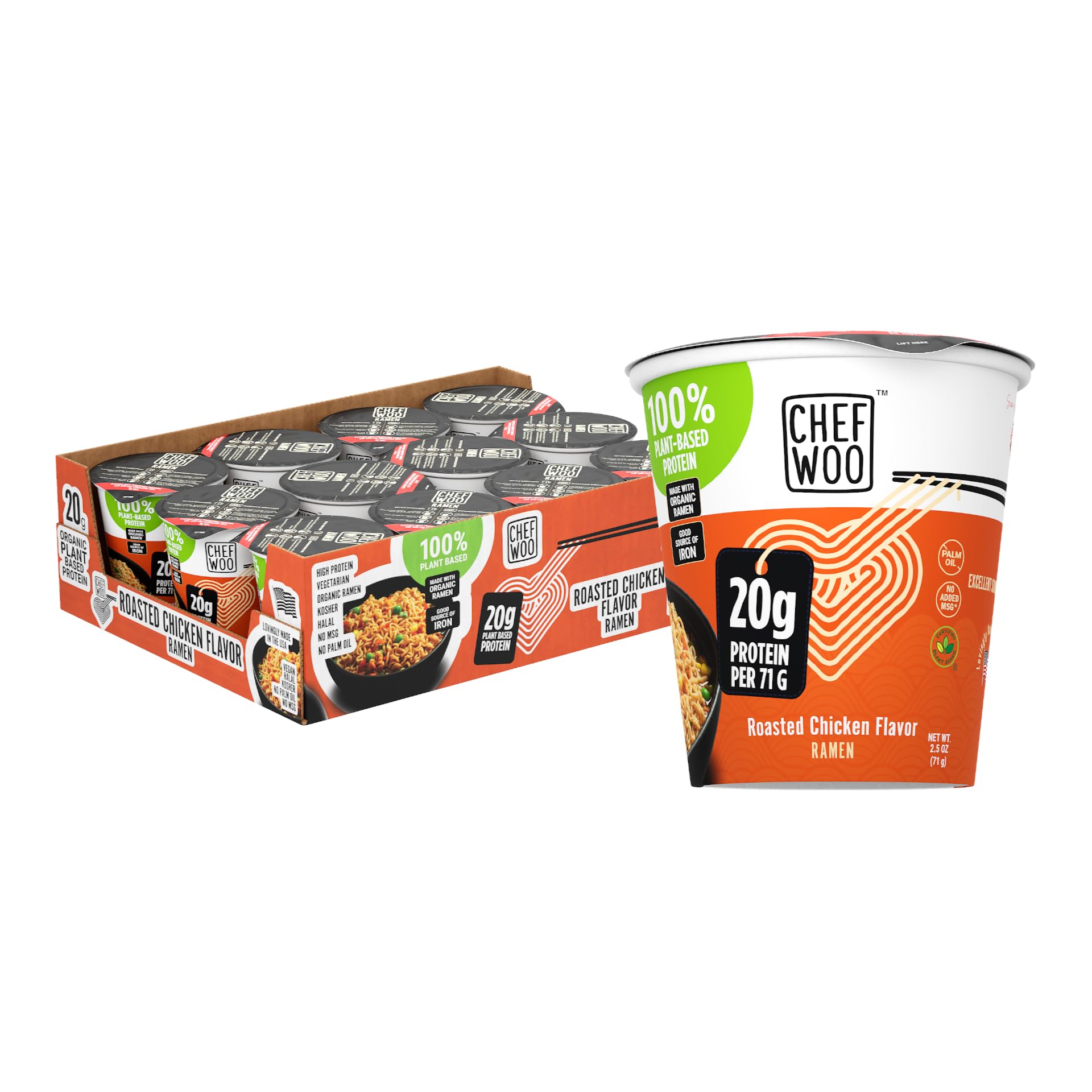 CHEF WOO Roasted Chicken Ramen Cup Noodles (12 PACK), 20g of Plant-Based Protein |Vegan |Vegetarian |Halal |Kosher |Egg-Free |Dairy Free