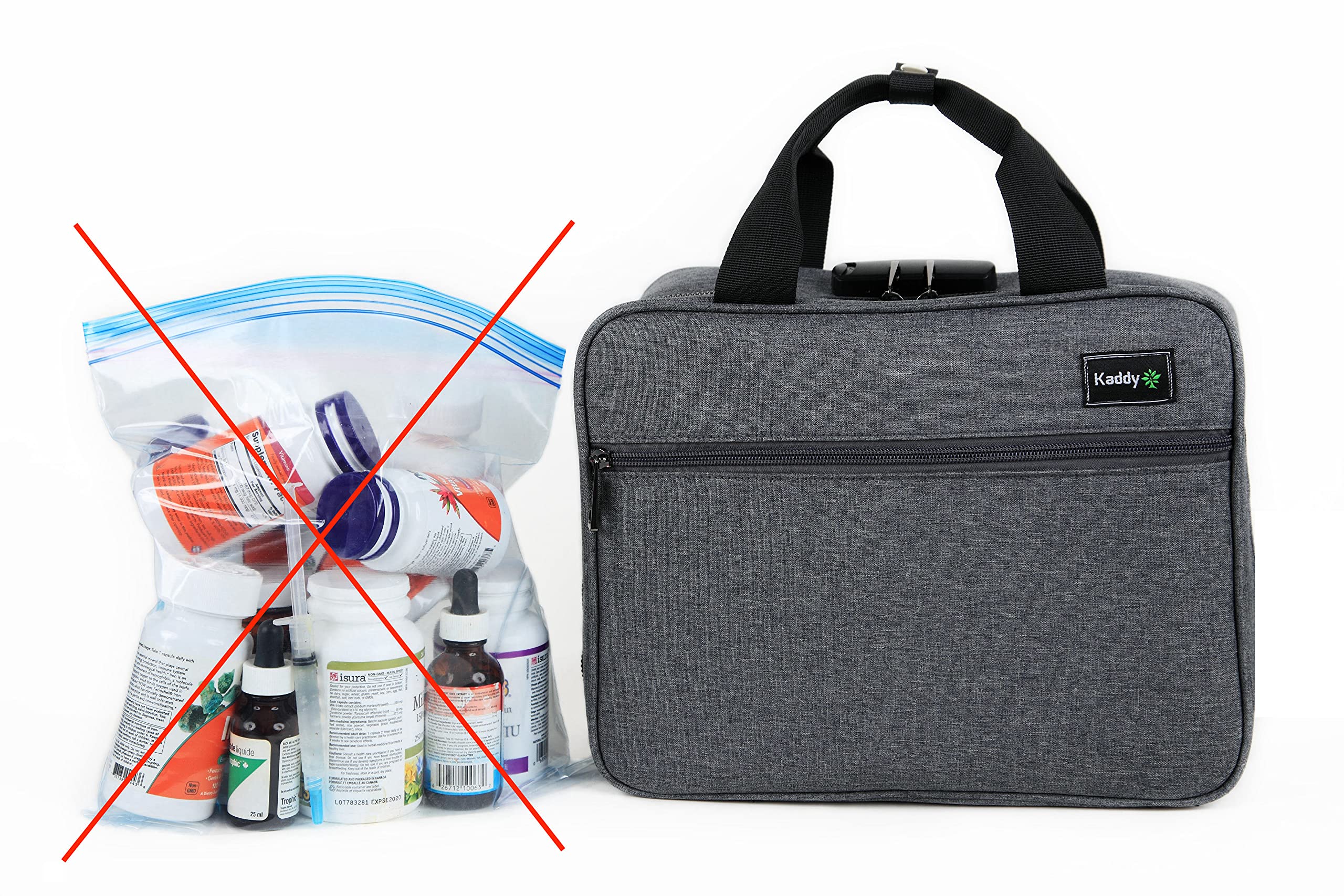 Kaddy Large Medicine Bag, Secure, Padded, Pill Organizer Box, Case for Bottles of Medicine or Supplements; Storage; Toiletry; 3 Digit Lock, Grey