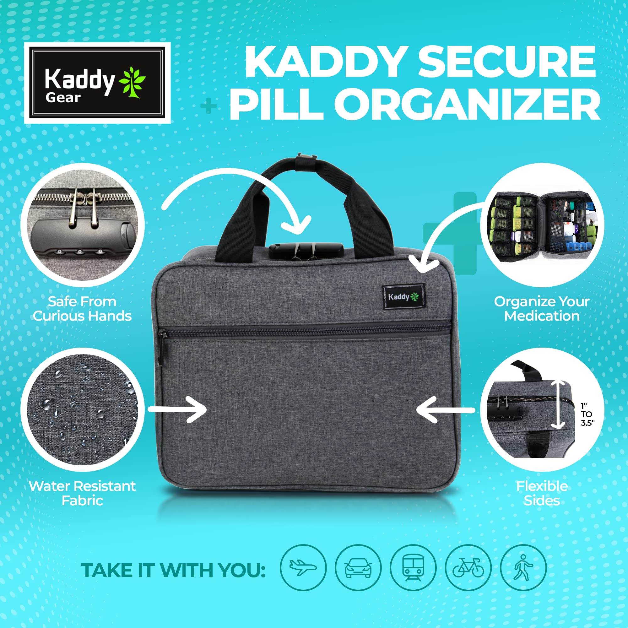 Kaddy Large Medicine Bag, Secure, Padded, Pill Organizer Box, Case for Bottles of Medicine or Supplements; Storage; Toiletry; 3 Digit Lock, Grey