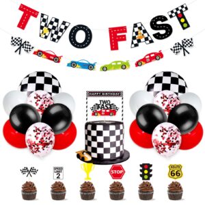 race car two fast party decorations supplies racing theme 2nd birthday party banner race car second birthday cake topper checkered flags balloons for let's go racing theme sports event party supplies