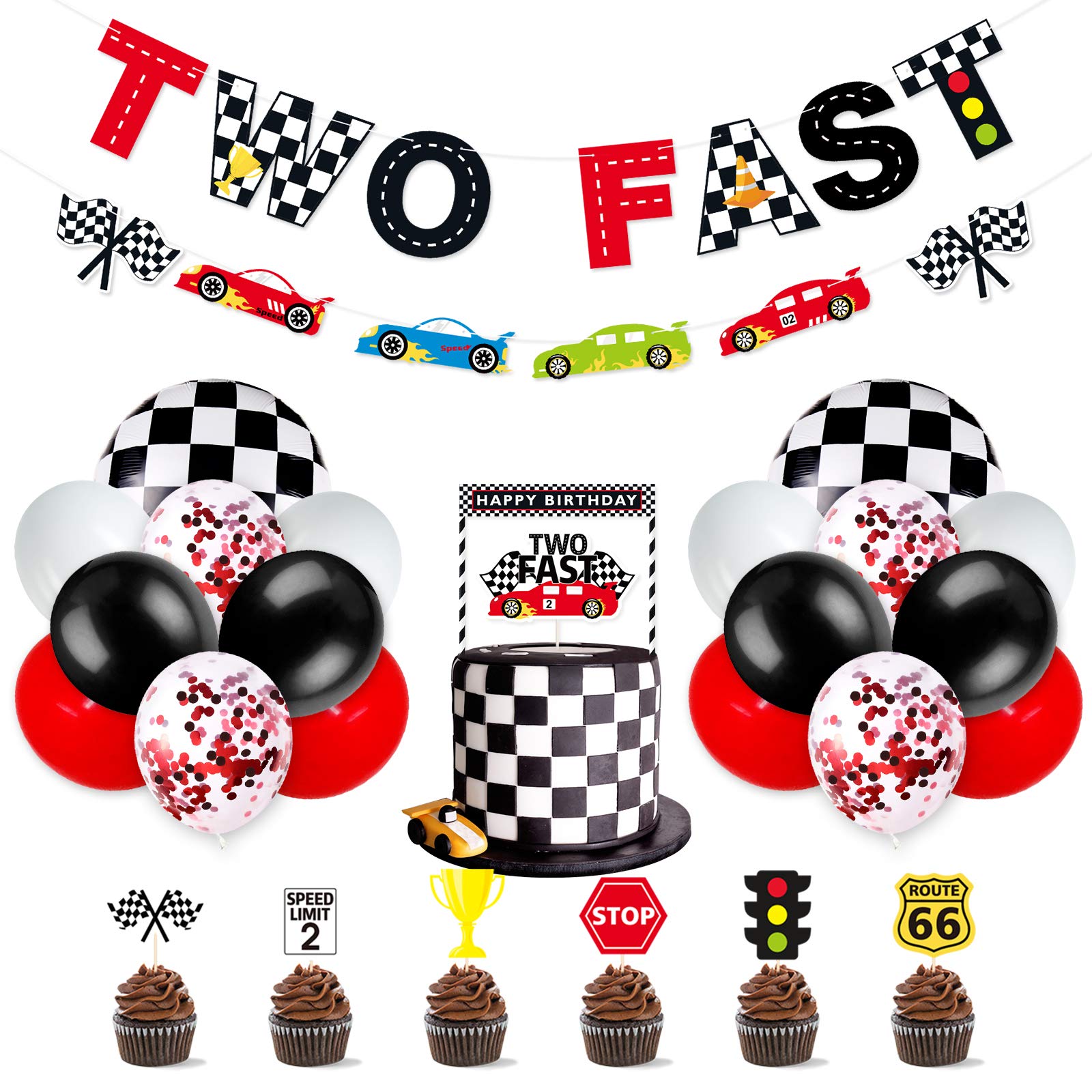 Race Car Two Fast Party Decorations Supplies Racing Theme 2nd Birthday Party Banner Race Car Second Birthday Cake Topper Checkered Flags Balloons for Let's go Racing Theme Sports Event Party Supplies