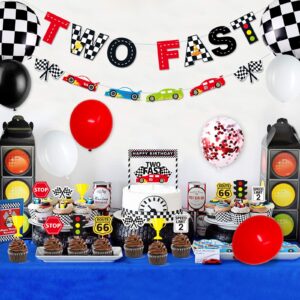 Race Car Two Fast Party Decorations Supplies Racing Theme 2nd Birthday Party Banner Race Car Second Birthday Cake Topper Checkered Flags Balloons for Let's go Racing Theme Sports Event Party Supplies