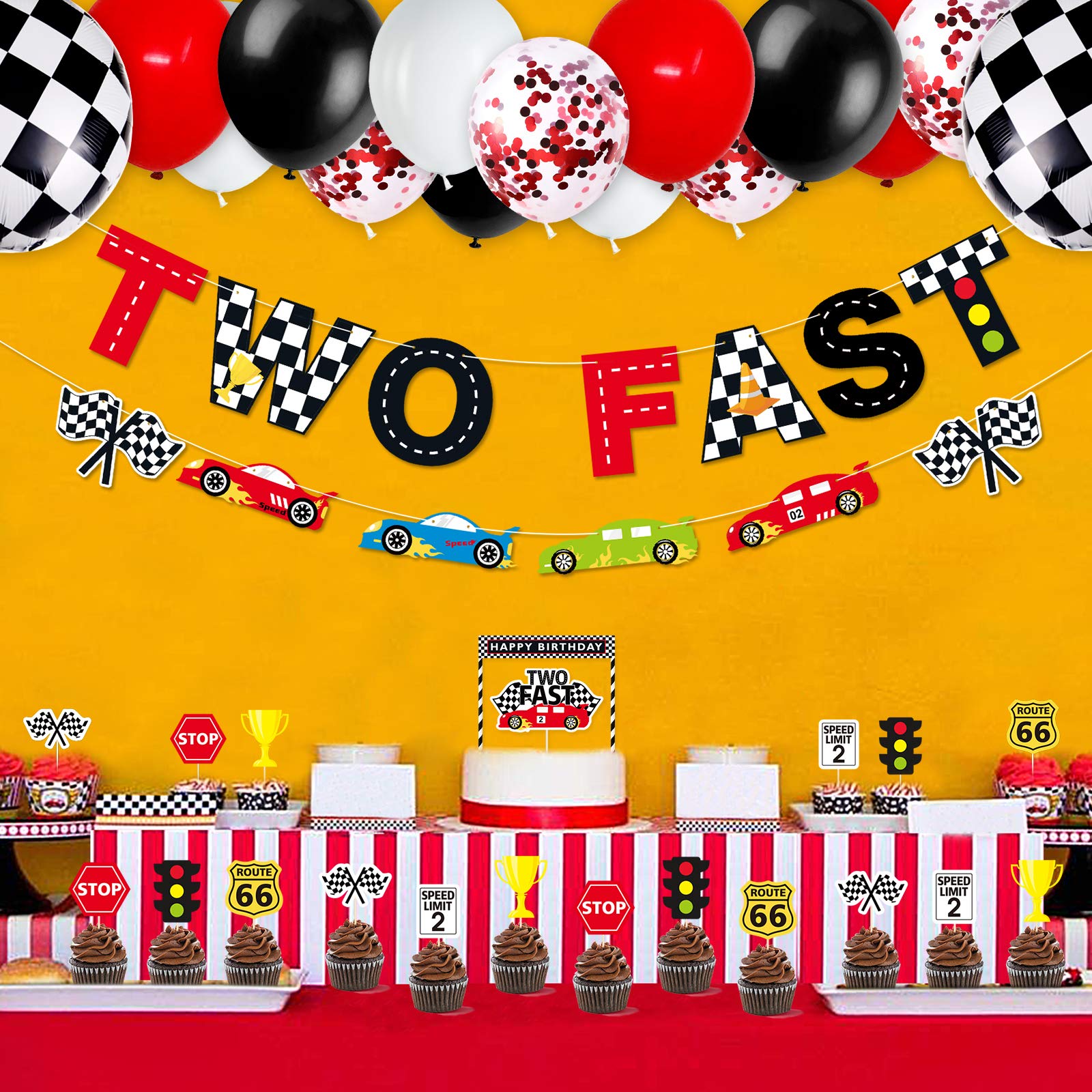 Race Car Two Fast Party Decorations Supplies Racing Theme 2nd Birthday Party Banner Race Car Second Birthday Cake Topper Checkered Flags Balloons for Let's go Racing Theme Sports Event Party Supplies