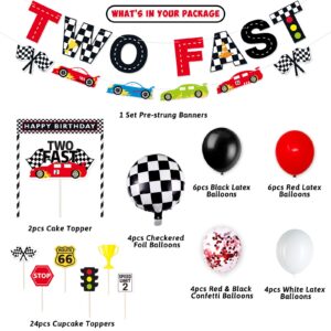 Race Car Two Fast Party Decorations Supplies Racing Theme 2nd Birthday Party Banner Race Car Second Birthday Cake Topper Checkered Flags Balloons for Let's go Racing Theme Sports Event Party Supplies