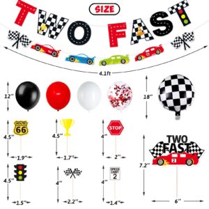 Race Car Two Fast Party Decorations Supplies Racing Theme 2nd Birthday Party Banner Race Car Second Birthday Cake Topper Checkered Flags Balloons for Let's go Racing Theme Sports Event Party Supplies