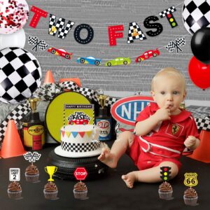 Race Car Two Fast Party Decorations Supplies Racing Theme 2nd Birthday Party Banner Race Car Second Birthday Cake Topper Checkered Flags Balloons for Let's go Racing Theme Sports Event Party Supplies