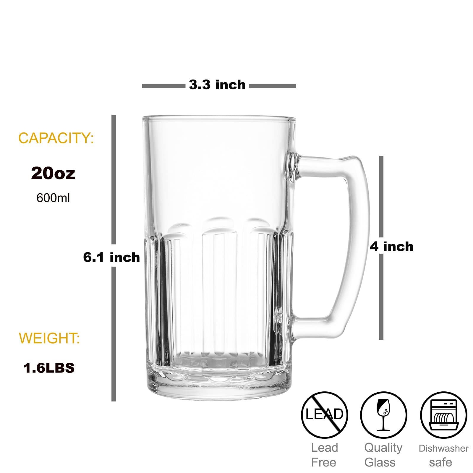 COKTIK 4 Pack Heavy Large Beer Glasses with Handle - 20 Ounce Glass Steins, Classic Beer Mug glasses Set