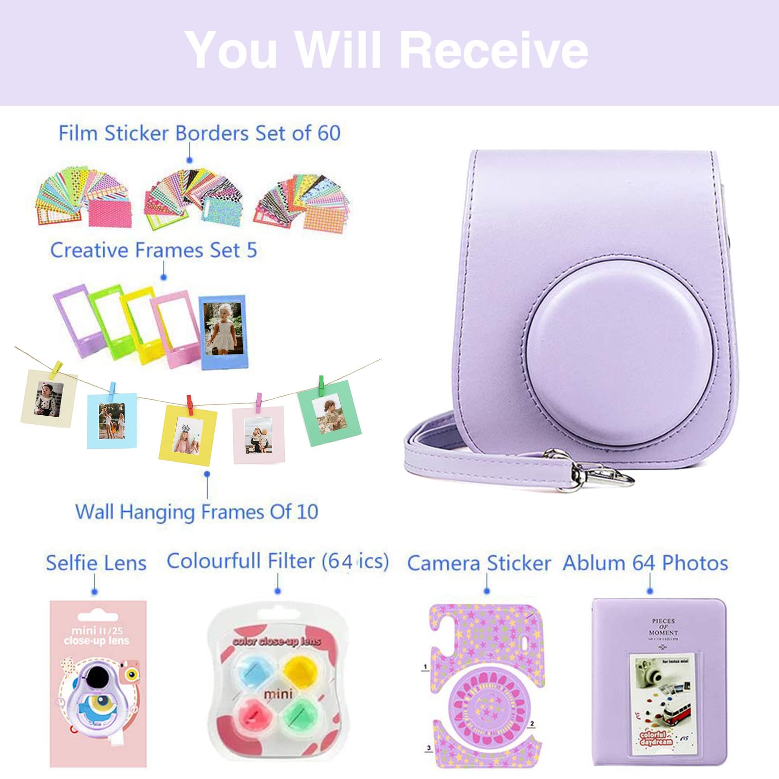 wogozan Accessories Kit Compatible with Fujifilm Instax Mini 11 Lilac Purple Instant Film Camera for Kids Include Case + Photo Album + Accessories Bundle(No Camera)