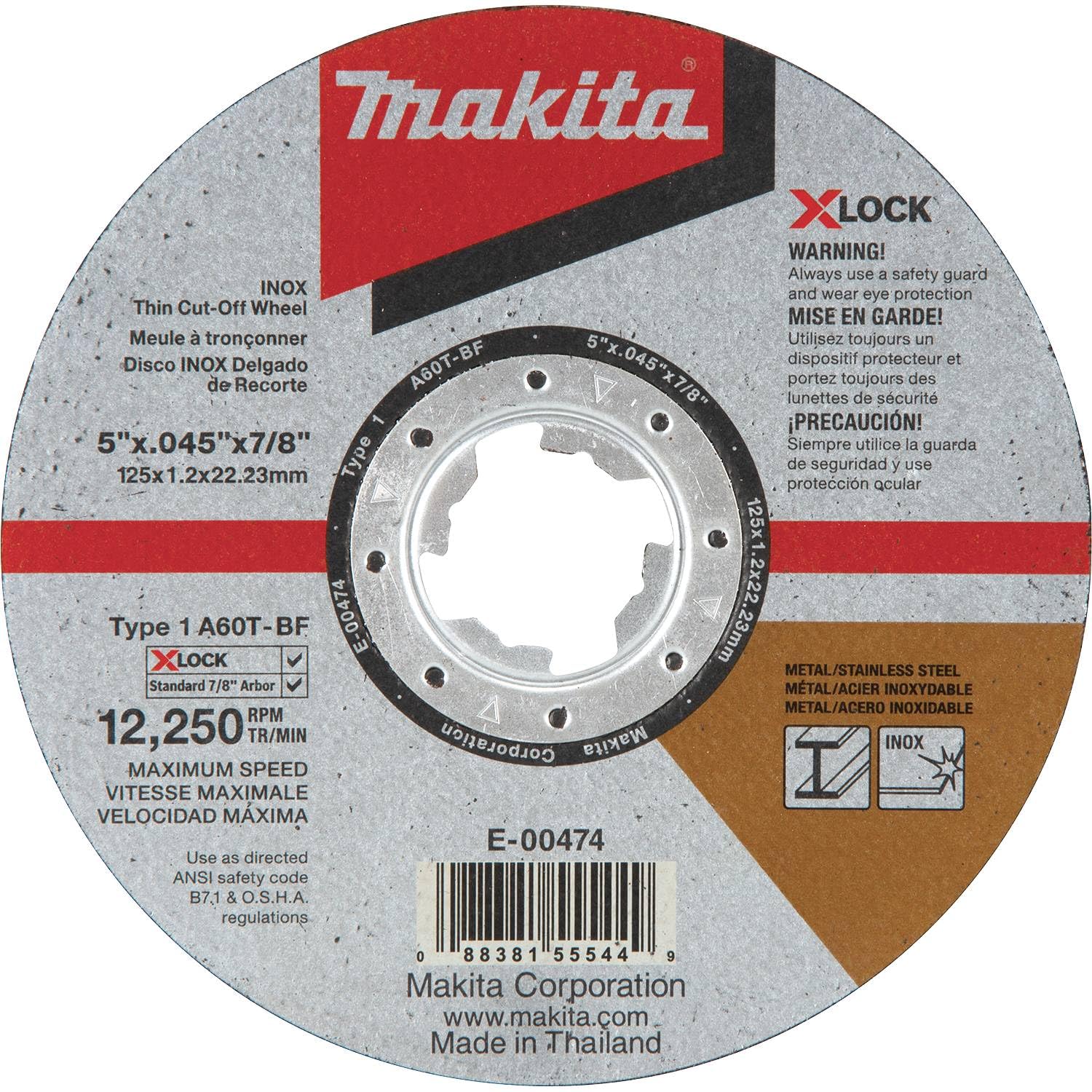 Makita E-00474 X-Lock 5" x .045" x 7/8" Type 1 General Purpose 60 Grit Thin Cut‑Off Wheel for Metal and Stainless Steel Cutting