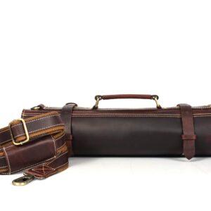 Tolredo Top Grain Buffalo Leather Chef Knife Roll Case 10 Slot and 1 Zipper Pocket for Culinary Storage Portable Bag with Detachable Shoulder Strap (Walnut, 29.5" X 20")