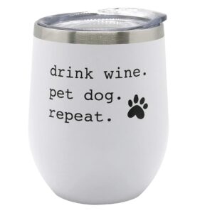 rover.com ‘drink. pet dog. repeat.’ tumbler with lid, insulated, stainless steel, stemless, 12 oz., white